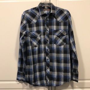 Roper plaid shirt Men's Small black blue long sleeve pearlized snap Western EUC